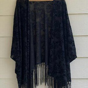 Rock&Roll Cowgirl Black Floral Fringe Open Front Kimono Cardigan Duster M